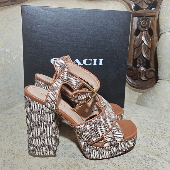 Coach Brown Heels with Platform and Patterned Design - Picture 1 of 5